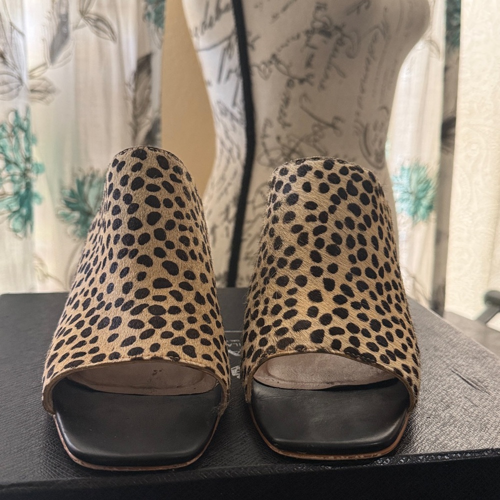 ABLE Rojas Calf Hair Cheetah Print Heeled Mule Sandals Size 8.5